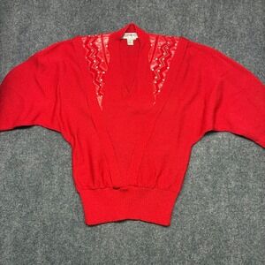 VTG 80s Epic Eric Steven Red Knit Dolman Sweater Lace Yoke Batwing Size M Cyber